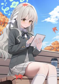 Rule 34 | 1girl, black bow, blue archive, blue sky, blush, bow, breasts, brown thighhighs, chair, closed mouth, commentary request, falling leaves, green halo, grey jacket, grey skirt, hair between eyes, hair bow, hair ornament, halo, highres, holding, holding notebook, holding pen, jacket, leaf, long hair, long sleeves, looking at object, maple leaf, medium breasts, miyo (blue archive), neckerchief, notebook, outdoors, pen, pleated skirt, school uniform, shirousagi una, shirt, sitting, skirt, sky, socks, solo, striped bow, thighhighs, white shirt, white socks, writing, yellow eyes