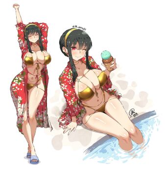 1girl 2025 ;) arm_behind_head arms_up bikini black_hair blush breasts cleavage closed_eyes collarbone commentary crossed_ankles earrings english_commentary eyepatch_bikini feet food front-tie_bikini_top front-tie_top gold_bikini gold_choker gold_hairband hair_between_eyes hairband highleg highleg_bikini holding holding_food holding_ice_cream ice_cream jewelry jk_arts large_breasts legs long_hair looking_at_viewer multiple_views navel o-ring o-ring_bikini one_eye_closed poolside print_robe red_eyes red_robe robe sandals sidelocks signature sitting smile soaking_feet spy_x_family stomach stretching swimsuit thighs toes toned toned_female twitter_username water yor_briar