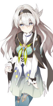 1girl absurdres black_hairband black_jacket blush breasts chinese_commentary commentary firefly_(honkai:_star_rail) grey_hair hair_between_eyes hair_ornament hairband highres honkai:_star_rail honkai_(series) jacket long_hair long_sleeves looking_at_viewer multicolored_eyes shirt skirt solo suxxwuy thighhighs white_shirt