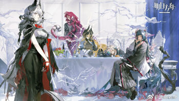 1boy 4girls animal_ears arknights bird_ears black_dress black_hair black_kimono blue_hair blunt_bangs breasts character_request chest_sarashi copyright_logo dress feather_hair flower gloves grey_eyes grey_hair hair_flower hair_ornament hair_over_one_eye hair_wings highres horns indoors japanese_clothes keph_(arknights) kimono koshelna_(arknights) krab_(fumekrab) leopard_boy leopard_ears logo long_hair looking_at_viewer mio_(arknights) morpheus_(arknights) multiple_girls official_art one_eye_covered purple_hair red_gloves red_hair sarashi single_extra_arm sitting sword tragodia_(npc)_(arknights) two-tone_kimono wakizashi watermark weapon weibo_watermark white_kimono