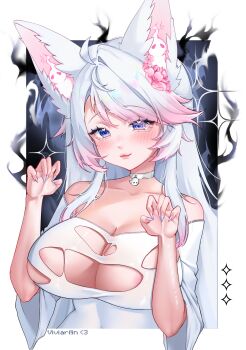 1girl absurdres ahoge animal_ears artist_name bare_shoulders blue_nails blush choker closed_mouth collarbone colored_tips commentary dress english_commentary eyelashes gradient_nails heart heart_in_eye highres indie_virtual_youtuber lips long_hair multicolored_hair official_alternate_hair_color pink_hair pink_nails purple_eyes silvervale silvervale_(halloween_2025) solo symbol_in_eye torn_clothes torn_dress upper_body virtual_youtuber viviari!in white_choker white_dress white_hair wolf_ears wolf_girl