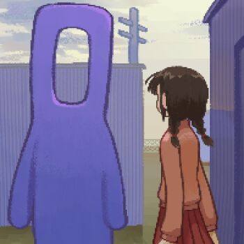 1girl 1other brown_hair character_request in-universe_location looking_at_another low_twintails madotsuki nagatovolkov outdoors pink_shirt pixel_art pleated_skirt red_skirt shirt skirt standing twintails warehouse yume_nikki