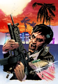 Rule 34 | 1boy, assault rifle, bad source, banknote, black eyes, black hair, black jacket, black suit, building, car, commentary, convertible, dollar bill, driving, english commentary, firing, formal clothes, gangster, glaring, gradient sky, grenade launcher, gun, highres, holding, holding gun, holding weapon, hotel, jacket, jewelry, jungle style, long sleeves, looking at viewer, m16, m203, male focus, money, motion lines, motor vehicle, muzzle flash, nelsoncosentino, off-topic, open collar, open mouth, orange sky, palm tree, realistic, red sky, rifle, ring, scarface, shell casing, shirt, short hair, signature, sky, suit, suit jacket, sunset, tony montana, tree, underbarrel grenade launcher, weapon, white shirt