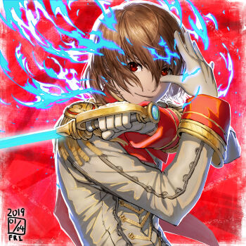 1boy akechi_gorou blue_fire brown_hair commentary_request fire gloves hair_between_eyes hand_on_own_face highres holding holding_sword holding_weapon ikeda_(cpt) jacket long_sleeves looking_at_viewer necktie persona persona_5 red_background red_eyes short_hair simple_background smile solo sword weapon white_gloves