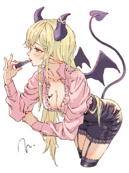 1girl black_horns black_skirt black_tail black_wings blonde_hair breast_tattoo cosmetics cowboy_shot demon_girl demon_horns demon_tail demon_wings holding holding_lipstick_tube hololive horns lipstick_tube pink_shirt pointy_ears shirt simple_background skirt solo tail tattoo torokko virtual_youtuber white_background winged_heart wings yuzuki_choco yuzuki_choco_(1st_costume)