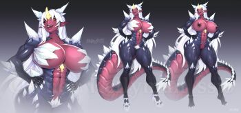 1girl abs absurdres black_sclera breasts colored_nipples colored_sclera colored_skin dragon_girl fangs godzilla_(series) godzilla_vs._spacegodzilla hands_on_own_hips highres hooves horns huge_breasts kaiju kolga_art long_hair monster_girl muscular muscular_female nipples personification pointy_ears red_skin sharp_teeth single_horn spacegodzilla spikes tail teeth thick_thighs thighs toho very_long_hair white_hair yellow_eyes