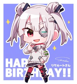 1girl chibi chibi_only commentary_request double_bun eyepatch grey_hair hair_bun hair_ornament happy_birthday heaven_burns_red highres rrtp sweater_vest yamawaki_bon_ivar