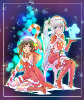 2girls :d :o alternate_costume bare_shoulders bell between_legs blurry blush bokeh boots border breasts candy candy_cane capelet chair christmas cleavage commentary depth_of_field dress elbow_gloves food full_body fur-trimmed_headwear fur_trim gloves glowing hand_between_legs hat high_heel_boots high_heels highres hologram iesupa knee_boots knight lace-up_boots looking_at_viewer medium_breasts multiple_girls on_chair open_mouth parted_lips pom_pom_(clothes) red_capelet red_dress red_footwear red_gloves red_hat ruby_rose rwby santa_costume santa_gloves santa_hat scar scar_across_eye scar_on_face sitting smile snowflakes summoning thigh_boots thighhighs wariza wedge_heels weiss_schnee zettai_ryouiki