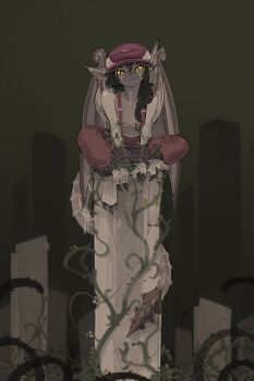 Rule 34 | 1girl, :3, animal ears, bat ears, bat girl, bat wings, brown hair, claws, colored sclera, colored skin, commentary, deadlock (game), english commentary, full body, gargoyle, grey skin, hair over shoulder, hat, highres, ivy (deadlock), long hair, looking at viewer, pants, pillar, plant, red hat, red pants, shuuko (s h uuko), solo, suspenders, tail, topless female, tusks, vines, wings, yellow sclera