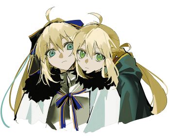 2girls aesc_(fate) aesc_(savior)_(fate) ahoge armor artoria_caster_(fate) artoria_caster_(second_ascension)_(fate) artoria_pendragon_(fate) blonde_hair blue_eyes bow breastplate cloak fate/grand_order fate_(series) fur-trimmed_cloak fur_trim green_eyes hair_bow head_rest hood hooded_cloak leaning_on_person long_hair looking_at_viewer multiple_girls ponytail simple_background ss_un17 upper_body white_background