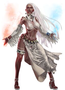 1girl animal_print artist_request bad_source bare_shoulders bra breasts cryokinesis crystal_maiden_(series) dark_skin earrings facial_tattoo fire full_body game_cg high_heel_sandals highres jewelry kohani_(crystal_maidens) leg_tattoo leopard_print leopard_print_bra long_hair official_art print_bra pyrokinesis sandals solo tattoo third-party_source transparent_background underwear variant_set white_hair yellow_eyes