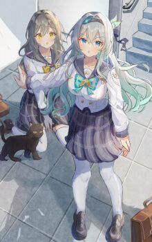 Rule 34 | 2girls, absurdres, animal, bag, black cat, black hairband, black sailor collar, blue eyes, blush, bow, breasts, cat, collarbone, commentary request, firefly (honkai: star rail), firefly (spring missive) (honkai: star rail), full body, gradient hair, green bow, green hair, grey hair, grey skirt, hair between eyes, hair ornament, hairband, highres, honkai: star rail, honkai (series), long hair, long sleeves, looking at viewer, medium breasts, multicolored hair, multiple girls, open mouth, plaid bow, plaid clothes, plaid skirt, sailor collar, school bag, school uniform, sitting, skirt, stelle (honkai: star rail), thighhighs, trailblazer (honkai: star rail), wariza, white thighhighs, yellow bow, yuuna (vhux2273)