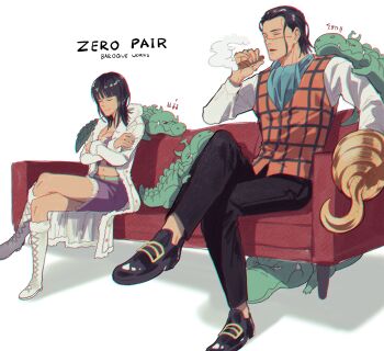 1boy 1girl 2021 absurdres alligator animal animal_on_shoulder ascot bananawani_(one_piece) black_hair black_shoes blue_ascot blunt_bangs boots cigar coat commentary crocodile_(one_piece) crocodilian cross-laced_clothes cross-laced_top crossed_arms crossed_legs english_text fur-trimmed_boots fur-trimmed_coat fur_trim hair_slicked_back highres holding holding_cigar hook_hand long_hair midriff ngumngim nico_robin nico_robin_(alabasta) one_piece orange_vest purple_shirt purple_skirt shirt shoes sitting skirt smoking stitched_face stitches symbol-only_commentary translation_request vest white_boots white_coat