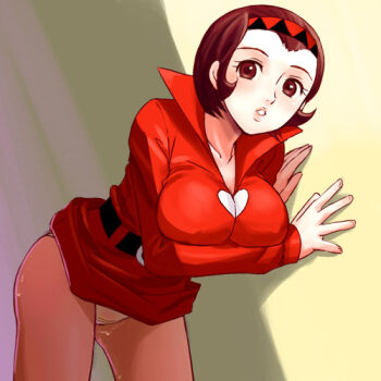 1girl arm_support bent_over blush breasts brown_eyes brown_hair cleavage female_focus getter_robo haruyama_kazunori large_breasts lowres panties panties_under_pantyhose pantyhose pantyshot saotome_michiru short_hair solo toei_company underwear wet