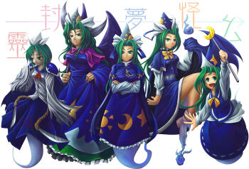 1girl akyu's_untouched_score blue_eyes bow bowtie chain claws comparison dress evolution female_focus green_eyes green_hair hat highly_responsive_to_prayers koto_tsubane long_hair mima_(touhou) multiple_persona mystic_square open_mouth phantasmagoria_of_dim.dream short_hair smile staff the_story_of_eastern_wonderland touhou touhou_(pc-98) wings wizard_hat