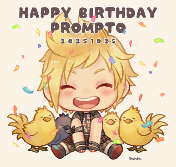 1boy arm_ribbon artist_name black_boots black_gloves black_pants black_ribbon black_vest blonde_hair blush boots character_name chibi chibi_only chocobo closed_eyes clothes_around_waist confetti dated final_fantasy final_fantasy_xv fingerless_gloves freckles gloves happy_birthday highres male_focus open_mouth pants print_shirt prompto_argentum ribbon shirt shirt_around_waist short_hair sitting smile spiked_hair totola55 vest