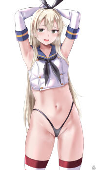 1girl armpits arms_behind_head arms_up black_neckerchief black_panties blonde_hair blue_sailor_collar blush breasts commentary_request cowboy_shot elbow_gloves gloves gluteal_fold green_eyes heavy_breathing highleg highleg_panties highres kantai_collection kuroame_(kurinohana) long_hair looking_at_viewer navel neckerchief open_mouth panties sailor_collar shimakaze_(kancolle) shirt simple_background sleeveless sleeveless_shirt small_breasts smile solo striped_clothes striped_thighhighs thighhighs thong underwear white_background white_gloves white_shirt