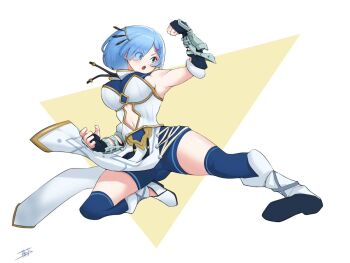 1girl alternate_costume arm_guards armpits bike_shorts black_gloves blue_eyes blue_hair blue_shorts blue_thighhighs boots breasts clothing_cutout cosplay elbow_gloves eyes_visible_through_hair fingerless_gloves flying_kick full_body gloves hair_ornament hair_over_one_eye hairclip kicking large_breasts miarin141 navel navel_cutout open_mouth pelvic_curtain re:zero_kara_hajimeru_isekai_seikatsu rem_(re:zero) short_hair shorts signature solo stomach_cutout thighhighs triangle vambraces white_background x_hair_ornament