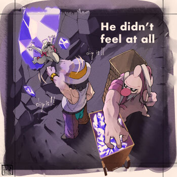 1boy big_nose brown_hair brown_pants chaps clay_(pokemon) clenched_teeth closed_eyes commentary_request conkeldurr cowboy_hat cowboy_western english_text fist_shaking gem gen_5_pokemon hat highres how_long nintendo pants pokemon pokemon_(creature) pokemon_bw tank_top teeth theft timburr white_headwear