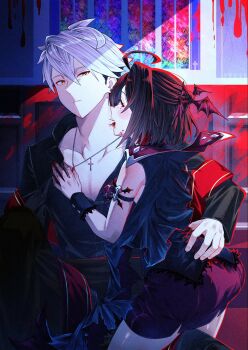 1boy 1girl ahoge ass atelier_(series) atelier_yumia blood blood_on_wall commentary_request couple cross cross_necklace hair_between_eyes halloween halloween_costume hetero highres indoors jewelry looking_at_another necklace pectoral_cleavage pectorals rgbjt rutger_arendt short_hair shorts sitting undercut white_hair yellow_eyes yumia_liessfeldt