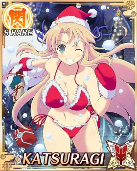 1girl bikini blonde_hair blue_ribbon border box breasts card_(medium) character_name christmas_lights cleavage clenched_teeth fur-trimmed_bikini fur-trimmed_mittens fur_trim game_cg gift gift_box green_eyes grin hair_ribbon hat holding holding_sack katsuragi_(senran_kagura) large_breasts long_hair looking_at_viewer midair mittens navel night official_art one_eye_closed red_bikini red_hat red_mittens ribbon sack santa_bikini santa_costume santa_hat senran_kagura senran_kagura_new_wave smile snowing solo swimsuit teeth third-party_source very_long_hair