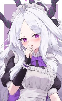 1girl absurdres ahoge apron black_halo blue_archive blush breasts demon_girl demon_horns halo highres hina_(blue_archive) horns long_hair looking_at_viewer maid maid_apron maid_headdress purple_eyes small_breasts solo upper_body very_long_hair white_hair yoshiharu_auf
