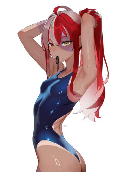 Rule 34 | 1girl, absurdres, aou13093, armpits, arms up, ass, blue one-piece swimsuit, breasts, colored skin, grey hair, grey skin, hair tie in mouth, heterochromia, highres, hololive, hololive indonesia, kureiji ollie, mismatched pupils, mouth hold, multicolored hair, multicolored skin, one-piece swimsuit, patchwork skin, red eyes, red hair, simple background, small breasts, solo, swimsuit, symbol-shaped pupils, tying hair, virtual youtuber, wet, white background, x-shaped pupils, yellow eyes, zombie
