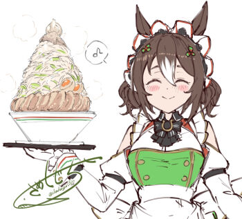 Rule 34 | 1girl, alternate costume, alternate hairstyle, animal ears, blush, bowl, breasts, brown hair, closed eyes, closed mouth, commentary, commentary request, detached sleeves, fine motion (umamusume), food, hair between eyes, hair ornament, highres, horse ears, horse girl, maid headdress, musical note, noodles, ramen, same kujira (challenger 310), signature, small breasts, solo, spoken musical note, symbol-only commentary, twitter username, umamusume, waitress, white background