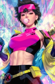 1girl abs bag black_hair blowing_bubble_gum blowing_bubbles chewing_gum crop_top earrings eyewear_on_head highres hoop_earrings jacket jewelry jubilee looking_at_viewer marvel midriff off_shoulder official_art pink-tinted_eyewear satchel shrug_(clothing) solo stanley_lau tinted_eyewear toned toned_female x-men yellow_jacket