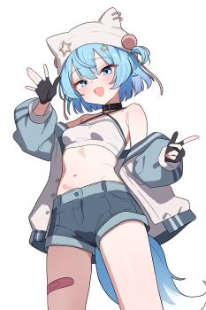 1girl absurdres armpit_crease bandaid_on_thigh bare_shoulders beanie black_choker black_gloves blue_eyes blue_hair blue_shorts breasts choker commentary_request criss-cross_halter crop_top denim denim_shorts fang gloves halterneck hat highres jacket korean_commentary long_sleeves looking_at_viewer midriff navel off_shoulder one_side_up open_clothes open_jacket open_mouth original partially_fingerless_gloves saho_4545 seha_star shirt short_hair short_shorts shorts simple_background sleeveless sleeveless_shirt small_breasts smile solo stomach tail thighs white_background white_hat white_jacket white_shirt