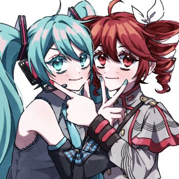 2girls ahoge blue_eyes blue_hair bow collared_shirt colored_eyelashes commentary detached_sleeves domidomi444 drill_hair hair_bow hair_ribbon hatsune_miku headphones headset high_collar highres kasane_teto kasane_teto_(sv) long_hair long_sleeves multiple_girls nail_polish necktie red_eyes red_hair ribbon shirt sleeve_cuffs sleeveless sleeveless_shirt smile symbol-only_commentary synthesizer_v twin_drills twintails utau v v_over_mouth vocaloid