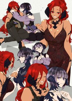 2girls asahi_(kae_(kikkerikill)) au_ra bare_shoulders black_hair black_horns black_scales blue_horns blue_scales blunt_bangs breasts brown_dress cleavage closed_eyes commentary commission dark-skinned_female dark_skin dragon_girl dragon_horns dress english_commentary face-to-face final_fantasy final_fantasy_xiv flying_sweatdrops hair_between_eyes hand_up holding_hands horns jewelry large_breasts long_hair multiple_girls multiple_rings one_eye_closed original pants parted_bangs pincushion purple_eyes purple_hair red_hair ring risika_dotharl_(yanderisika) sasaya_(ssyng_) seiza short_hair sitting skeb_commission sleeveless sleeveless_dress smile thumbs_up u_u warrior_of_light_(ff14)