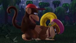 1boy 1girl 3d all_fours animated artist_request baseball_cap beret blonde_hair brown_fur diddy_kong dixie_kong doggystyle donkey_kong_(series) donkey_kong_country donkey_kong_country_2 furry furry_female furry_male hat highres jungle looking_back monkey monkey_boy monkey_girl nature nintendo palm_tree rareware sex sex_from_behind sound tagme tree video