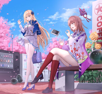2girls ^^^ absurdres arm_behind_back bag bench blonde_hair blue_capelet blue_ribbon blue_sky blush braid breasts brown_hair buttons capelet cherry_blossoms clothes_lift cloud collared_shirt commission commissioner_upload crossed_legs crown_braid day dropping floral_print flower fox_mask full_body hair_ornament heaven_burns_red high_heels highres holding holding_bag jacket japanese_clothes jewelry kimono kiryuu_miya kneehighs legs loafers long_hair long_sleeves looking_at_another mask medium_breasts miniskirt multiple_girls narby_(heaven_burns_red) neck_ribbon on_bench open_mouth outdoors panties panties_under_pantyhose pantyhose pantyshot petals phone pink_eyes pleated_skirt purple_eyes purple_ribbon red_eyes red_socks ribbon school_bag school_uniform shirakawa_yuina shirt shoes sitting skirt skirt_lift sky socks standing surprised teeth thighs trash_can tree underwear upper_teeth_only upskirt vending_machine very_long_hair wallet white_jacket white_kimono white_panties white_pantyhose white_shirt white_skirt wide_sleeves wind wind_lift yuzuriha_(atelier_liang)
