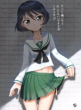 1girl adjusting_clothes adjusting_panties against_wall arm_at_side black_eyes black_hair black_neckerchief blush bob_cut breasts brick_wall closed_mouth clothes_lift collarbone commentary cowboy_shot girls_und_panzer green_skirt hair_between_eyes head_tilt highres holding holding_string kainushi lifting_own_clothes long_sleeves looking_at_viewer midriff midriff_peek miniskirt navel neckerchief ooarai_school_uniform panties pink_panties pleated_skirt sailor_collar school_uniform serafuku shadow shirt short_hair side-tie_panties skirt skirt_lift small_breasts smile solo standing string teasing translated underwear utsugi_yuuki white_sailor_collar white_shirt
