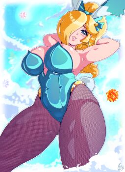 animal_ears armpits arms_behind_head bare_shoulders benbeau blonde_hair blue_eyes blue_leotard blue_sky blush breasts cleavage cloud cowboy_shot earrings fake_animal_ears fishnet_pantyhose fishnets from_below hair_over_one_eye high_ponytail jewelry large_breasts leotard looking_at_viewer mario_(series) nintendo pantyhose playboy_bunny ponytail rabbit_ears rosalina sky smile standing star_(symbol) star_earrings super_mario_galaxy