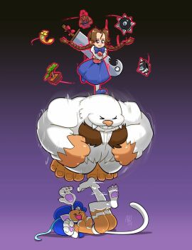 akuma_(street_fighter) animal_ears animal_hands anita_(darkstalkers) ass big_hair bigfoot blue_eyes blue_hair body_fur bonsai bow bowtie bracelet braid breasts brown_hair capcom cat_ears cat_girl cat_tail child closed_eyes closed_mouth darkstalkers doll dress fangs felicia_(darkstalkers) floating floating_object furry happy highres jewelry long_hair looking_down mei-ling_(darkstalkers) monster ofuda pawpads phons0 psychic purple_background rolling sasquatch_(darkstalkers) signature socks spike_ball spiked_bracelet spikes sword tail toenails twin_braids weapon white_fur yeti_(creature)