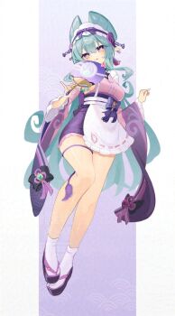 Rule 34 | 1girl, adversarial noise, apron, blue hair, blush, breasts, closed mouth, commentary, detached sleeves, ebichiri sunday, full body, genshin impact, hair between eyes, hand fan, hands up, highres, holding, holding fan, japanese clothes, kimono, long hair, medium breasts, nihongami, okobo, pink kimono, platform sandals, pointy ears, purple eyes, purple sleeves, sandals, sideboob, sleeveless, sleeveless kimono, socks, solo, symbol-shaped pupils, tabi, tail, tail around own leg, tapir girl, tapir tail, tongue, tongue out, very long hair, waist apron, white apron, white socks, yumemizuki mizuki