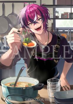 1boy :d ahoge apron black_apron black_hair black_nails bottle bowl_stack broccoli brown_shirt cabinet carrot chain chain_necklace collarbone cooking_pot copyright_notice crossed_bangs cup day doppio_dropscythe drinking_glass ear_chain earrings eyebrow_piercing face_piercing fangs faucet frying_pan green_eyes hair_between_eyes hand_on_table head_tilt holding holding_spoon incoming_food indoors jar jewelry kitchen ladle leaning_forward lid linked_piercing looking_at_viewer male_focus multicolored_eyes multicolored_hair multiple_rings nail_polish necklace nijisanji nijisanji_en official_art one_side_up open_mouth otton piercing potato purple_hair ring ring_necklace sample_watermark shelf shirt short_hair sink smile solo spoon steam stew stove straight-on streaked_hair table teeth two-tone_eyes upper_body virtual_youtuber watermark white_hair window yellow_eyes