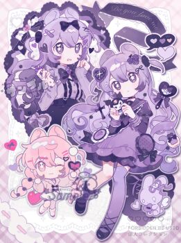 2girls ;3 asymmetrical_legwear ball_hands black_shoes chibi closed_mouth commentary dot_nose double-parted_bangs dress fanqiealxe full_body hair_between_eyes heart highres juliet_sleeves kuromi long_hair long_sleeves looking_at_viewer multiple_girls my_melody_(series) one_eye_closed one_side_up open_mouth original pink_eyes pink_hair pink_shirt puffy_sleeves purple_dress purple_eyes purple_hair purple_socks purple_thighhighs red_shoes sample_watermark sanrio shirt shoes single_sock single_thighhigh skirt socks standing star-shaped_pupils star_(symbol) symbol-only_commentary symbol-shaped_pupils teardrop thighhighs uneven_legwear watermark white_background white_skirt