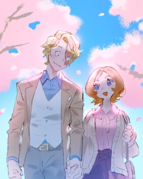 Rule 34 | 1boy, 1girl, alternate costume, bag, belt, belt buckle, blonde hair, blue eyes, blue shirt, blue sky, brown jacket, buckle, cardigan, cherry blossoms, closed mouth, commentary, couple, falling petals, hetero, holding hands, jacket, koala (one piece), looking at another, lowres, one piece, open cardigan, open clothes, open jacket, open mouth, orange hair, outdoors, petals, pink petals, pink shirt, raine (acke2445), sabo (one piece), scar, scar across eye, scar on face, shirt, short hair, shoulder bag, sky, untranslatable commentary, upper body, vest