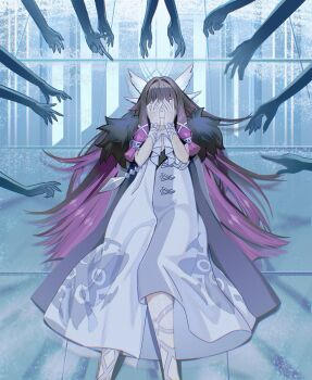 1girl 6+others big_itachi black_hair bow coat columbina_(genshin_impact) commentary covering_face eye_mask fatui_coat fatui_logo feet_out_of_frame fur-trimmed_coat fur_trim genshin_impact hair_intakes hair_ribbon hands_on_own_face head_wings highres long_hair lying mask multicolored_hair multiple_others on_back on_floor pink_hair ribbon solo_focus two-tone_hair white_bow white_ribbon white_wings wings wrist_bow