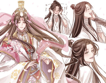 Rule 34 | 1boy, @ @, bandaged neck, bandaged wrist, bandages, bishounen, blush, bracelet, branch, brown hair, chinese clothes, chinese peony, choppy bangs, closed eyes, cropped torso, curtained hair, dot nose, earrings, eyelashes, facing viewer, falling petals, fingernails, floating hair, floral print, floral print hanfu, flower, flustered, flying sweatdrops, forehead jewel, full-face blush, furrowed brow, gem, gold trim, green gemstone, hair bun, hair down, hair flower, hair ornament, hair ribbon, half-closed eyes, hand on another's wrist, hand up, hands on own cheeks, hands on own face, hands up, hanfu, highres, holding, holding branch, hua cheng, huadian, jade (gemstone), jewelry, laughing, light blush, light particles, light smile, long eyelashes, long hair, long sidelocks, looking afar, looking back, looking down, lotus print, male focus, mandarin collar, multiple views, nervous, open mouth, out of frame, parted bangs, parted lips, petals, pink flower, pink petals, pink shawl, profile, puffy lips, red gemstone, red hanfu, retnallo3, ribbon, shawl, shy, sidelocks, silver bracelet, simple background, single hair bun, straight hair, tassel, tassel hair ornament, thick eyelashes, tianguan cifu, translation request, turning head, two-tone hanfu, upper body, very long hair, wavy mouth, wet, wet clothes, wet hair, white background, white hanfu, white ribbon, wide sleeves, xiao guan (headdress), xie lian, xie lian (flower crowned martial god), yellow eyes