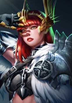 1girl arkveld_(armor) armor artist_name black_gloves chain commentary english_commentary gloves gold_headdress gradient_background grey_armor grey_background headdress highres leira_cire looking_to_the_side medium_hair midriff monster_hunter_(character) monster_hunter_(series) monster_hunter_wilds parted_lips pauldrons pelt red_hair shoulder_armor solo upper_body yellow_eyes