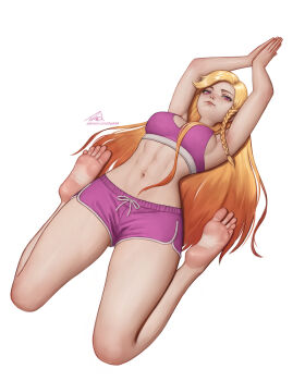 1girl armpits arms_up artist_logo artist_name bare_legs barefoot blonde_hair braid braided_sidelock breasts closed_mouth commentary commission daek64 dolphin_shorts english_commentary eyelashes feet full_body gradient_hair highres large_breasts legs logo long_hair looking_at_viewer multicolored_hair navel orange_hair original pink_eyes pink_shoes pink_sports_bra shoes shorts simple_background single_braid soles sports_bra stomach thighs toes very_long_hair watermark web_address white_background