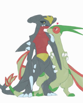 animal_focus bad_id bad_pixiv_id black_sclera blush butter_(oshi8kyoumoh) claws collarbone colored_sclera couple eye_contact fang fangs finger_in_another's_mouth flat_color flygon garchomp gen_3_pokemon gen_4_pokemon hand_up hands_up heart light_blush looking_at_another nintendo no_humans open_mouth pokemon pokemon_(creature) profile raised_eyebrows red_eyes simple_background skin_fang spikes white_background yellow_eyes