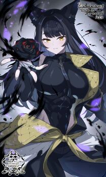 1girl animal_ears bilingual_commentary black_flower black_hair black_leotard black_pants black_rose breasts character_request coat coat_partially_removed commentary commission copyright_request cowboy_shot english_commentary flower hand_up highres holding holding_flower large_breasts leotard long_hair looking_at_viewer matsumoto_tomoyohi mixed-language_commentary pants parted_bangs parted_lips rose skeb_commission solo yellow_coat yellow_eyes