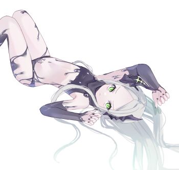 1girl asymmetrical_horns black_horns black_liquid black_nails cakocheri closed_mouth commentary flat_chest forehead goddess_of_victory:_nikke green_eyes grey_hair horns leviathan_(nikke) liquid_clothes long_hair looking_at_viewer lying on_back pubic_tattoo simple_background solo tattoo white_background