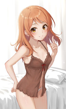 Rule 34 | 1girl, babydoll, bare arms, bed, bed sheet, blush, breasts, brown babydoll, brown eyes, brown hair, ca paria, closed mouth, collarbone, commentary request, curtains, hand on own hip, hojo karen, idolmaster, idolmaster cinderella girls, index finger raised, indoors, long hair, looking at viewer, nipples, panties, pillow, see-through babydoll, see-through clothes, sidelocks, small breasts, smile, solo, standing, underwear, white panties