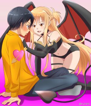 1boy 1girl alternate_costume alternate_species arm_support arrow_through_heart artist_name asuna_(sao) bare_shoulders black_boots black_gloves black_hair black_shorts black_tube_top black_wings blue_pants blush boots braid breasts brown_eyes brown_hair brown_trim collarbone commentary_request demon_girl demon_tail demon_wings elbow_gloves eye_contact fang full_body gloves gradient_background grey_eyes grey_socks hair_between_eyes half_up_half_down_braid hand_on_another's_chest heart hetero highres indian_style kirito knee_boots kneeling long_hair long_sleeves looking_at_another medium_breasts navel orange_shirt pants parted_lips pink_background red_wings shirt short_hair short_shorts shorts sitting smile socks stomach straight_hair strapless sweatdrop sword_art_online tail thigh_gap tongue tu_tora2 tube_top twitter_username two-tone_wings watermark wings